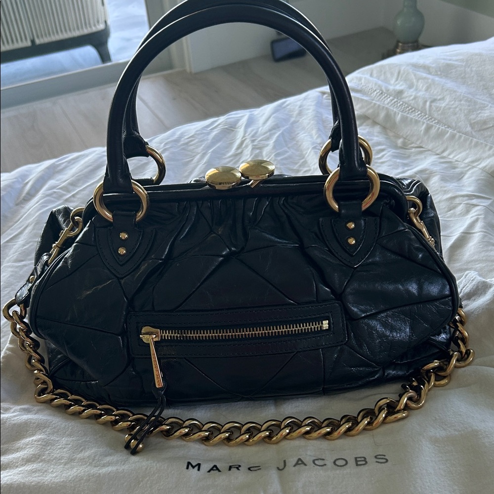 Marc Jacobs Black Leather Stag Satchel with Gold Accents